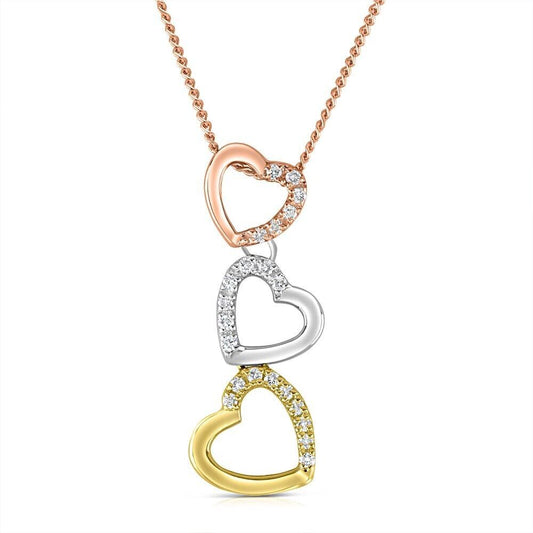 9ct Three Colour Gold 0.15ct Diamond Heart Drop  18" Rose Gold Chain