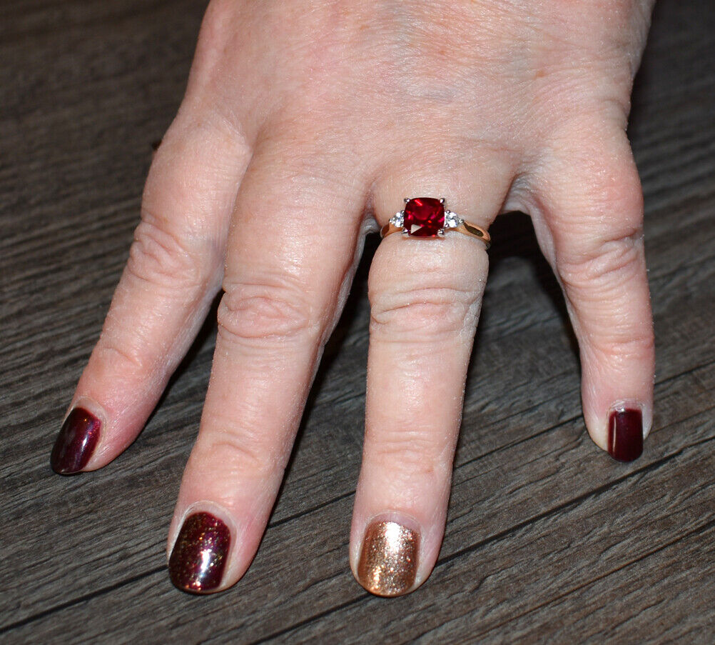Yellow Gold Ruby Solitaire Ring Cushion White Sapphire Engagement Hallmarked