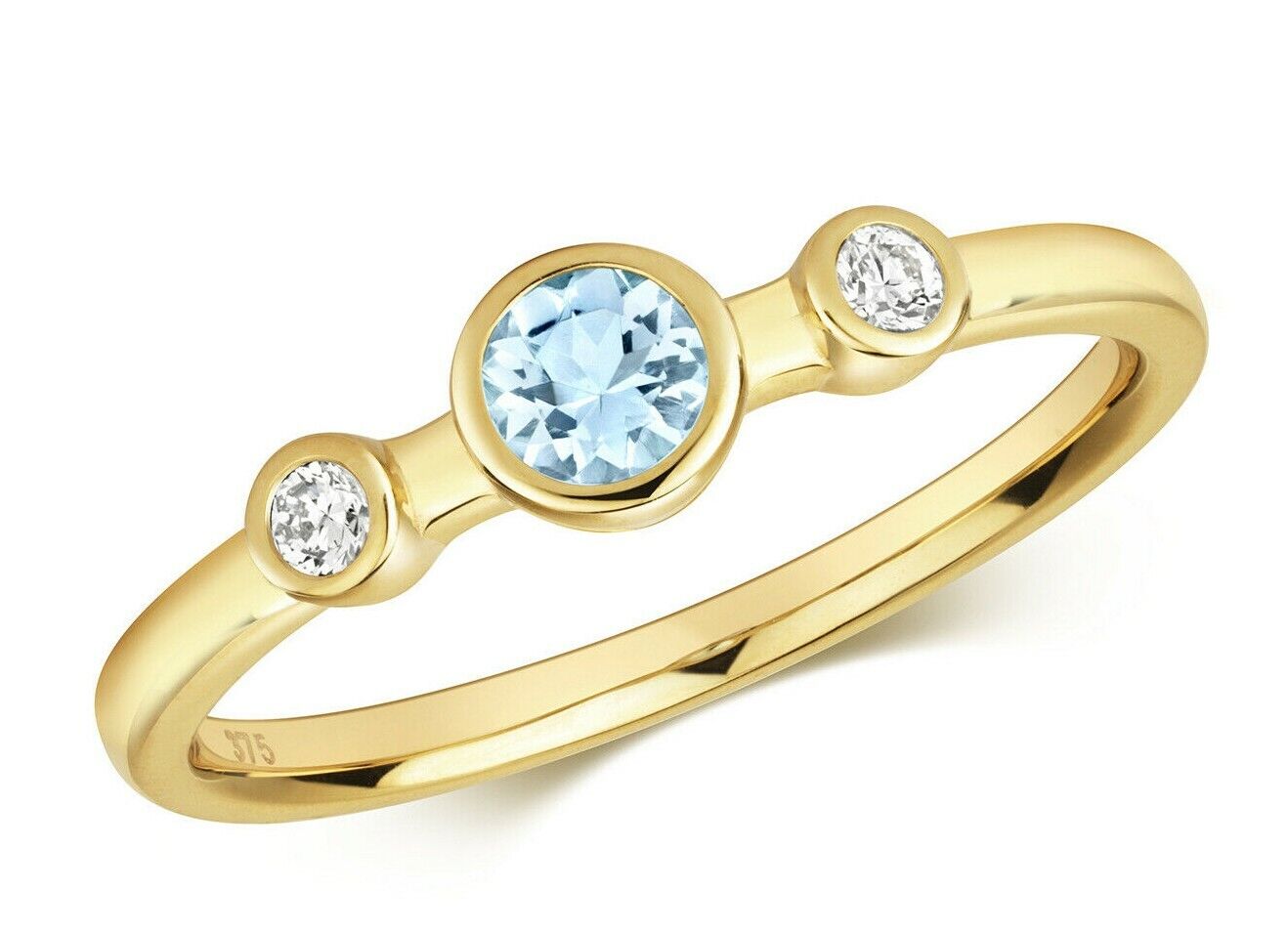 9ct yellow Gold Aquamarine and Diamond Ring Three Stone Trilogy Size J - Q
