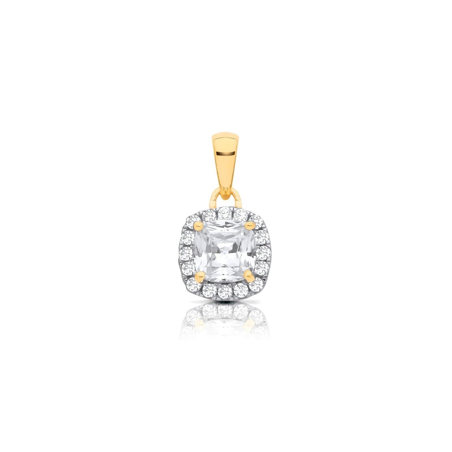 Zircon Cushion Cluster Pendant Solid 9ct Yellow Gold 18" Chain Hallmarked