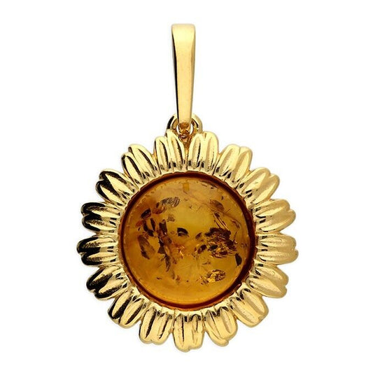 Cognac Baltic Amber Sunflower Pendant 18ct Yellow Gold on 925 Sterling Silver