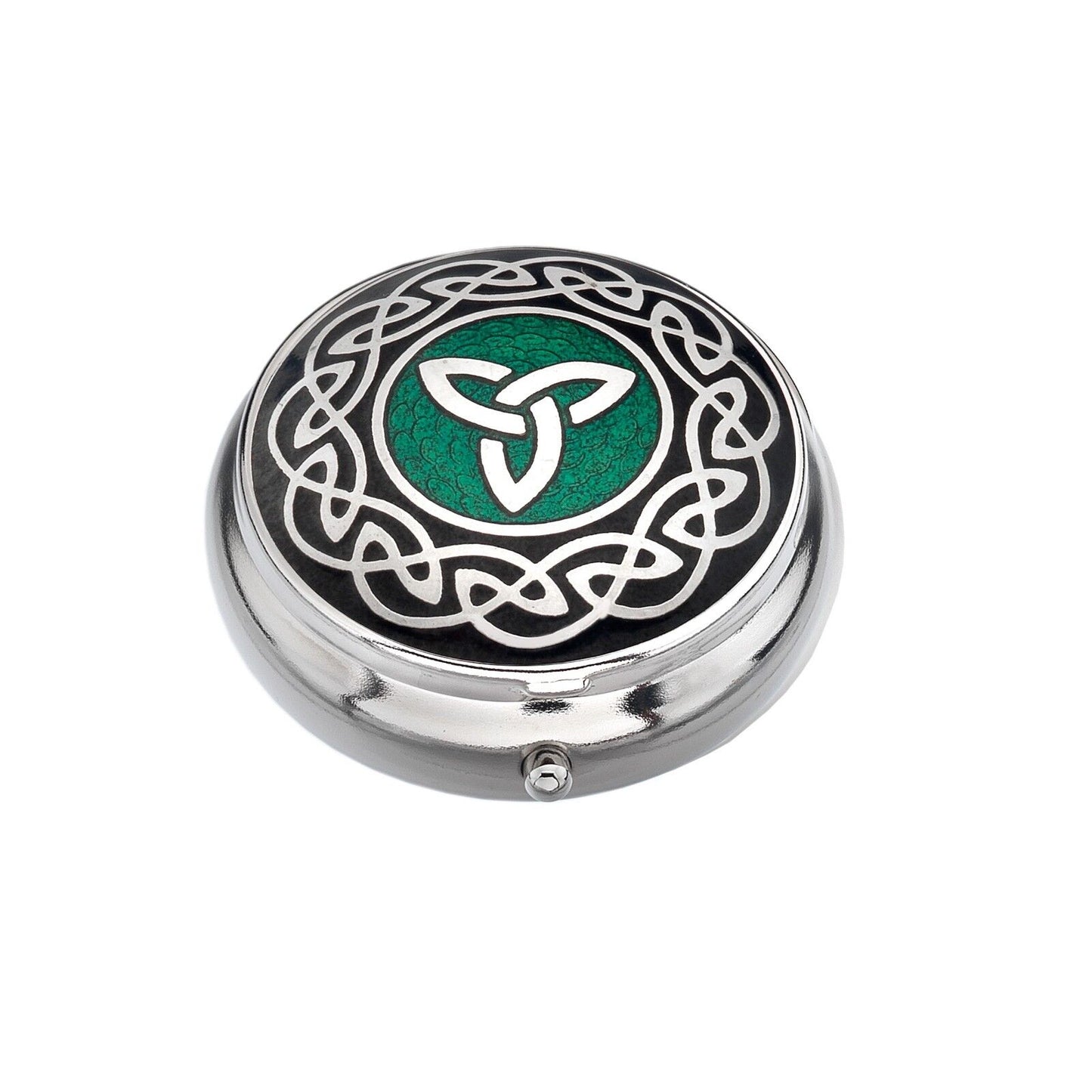 Pillbox Silver Plated Celtic Trinity Knot Green Brand New and Boxed