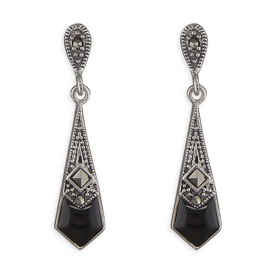 Marcasite and Black Agate Drop Stud Earrings Art Deco 925 Sterling Silver