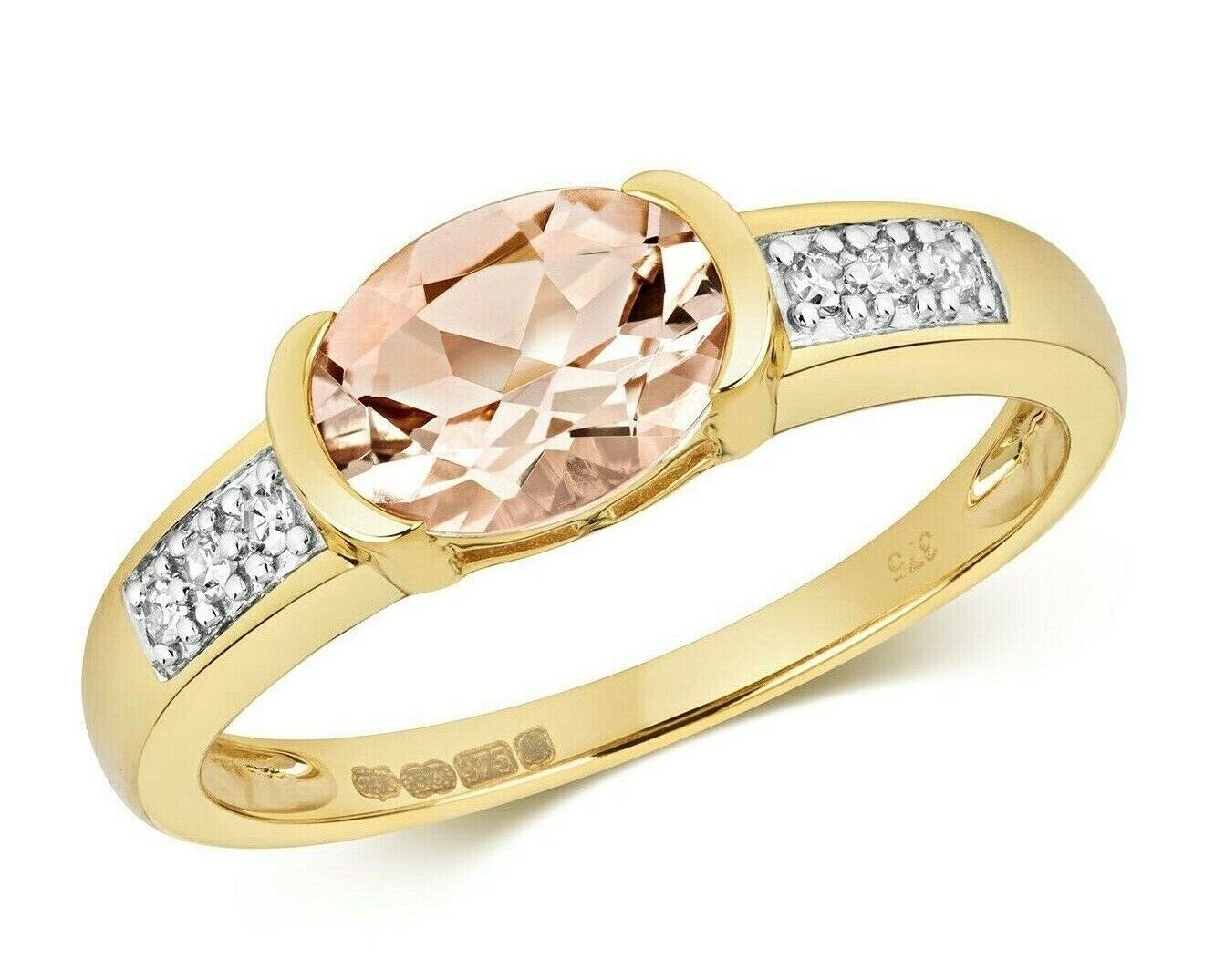 9ct Yellow Gold Morganite and Diamond Ring Oval Solitaire Size J K L M N O P Q