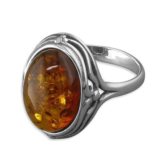 Cognac Amber Oval Statement Ring With Fancy Edge Solid Sterling Silver 925