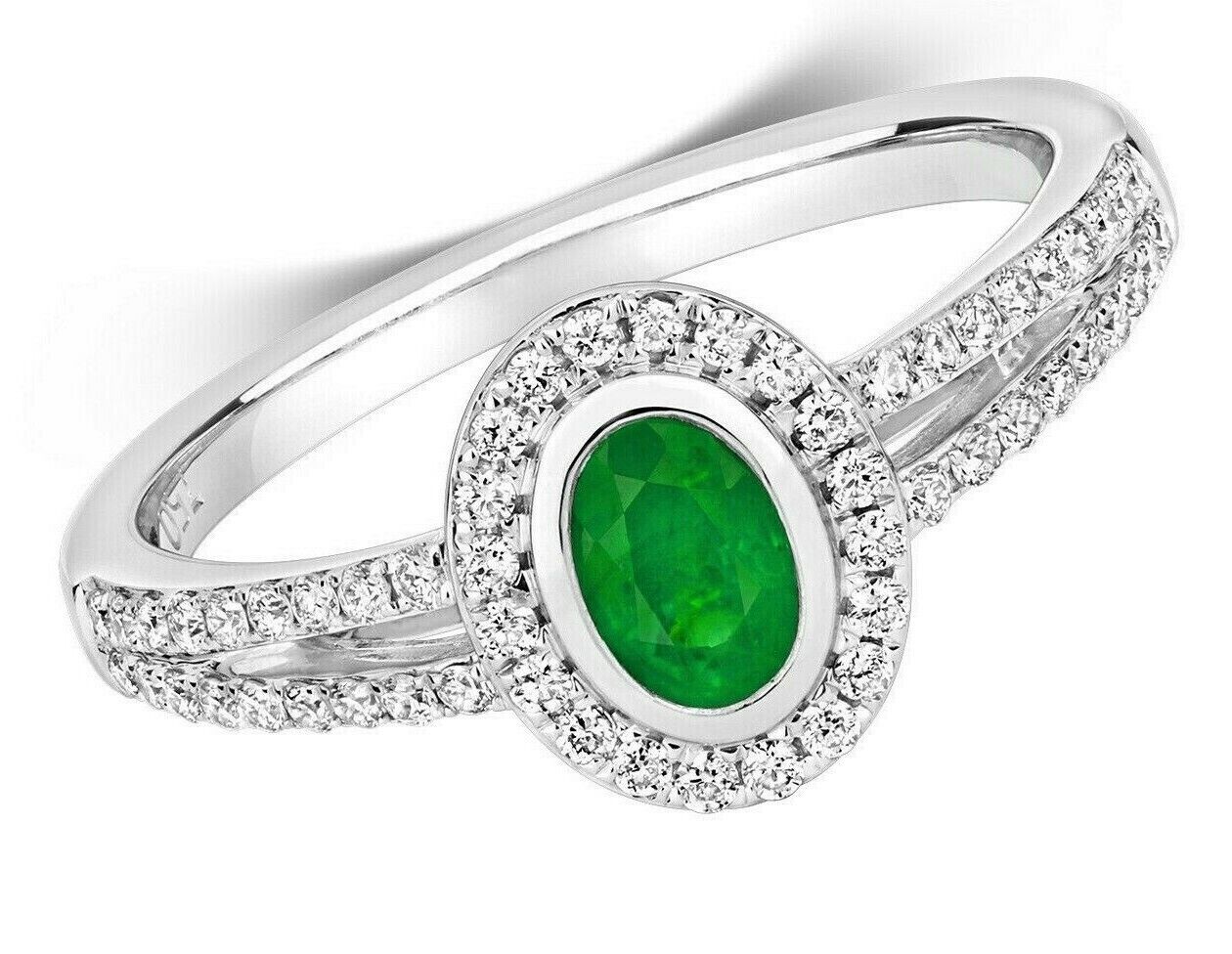 Real Emerald and Diamond Ring 18ct White Oval Halo Cluster Split Shank