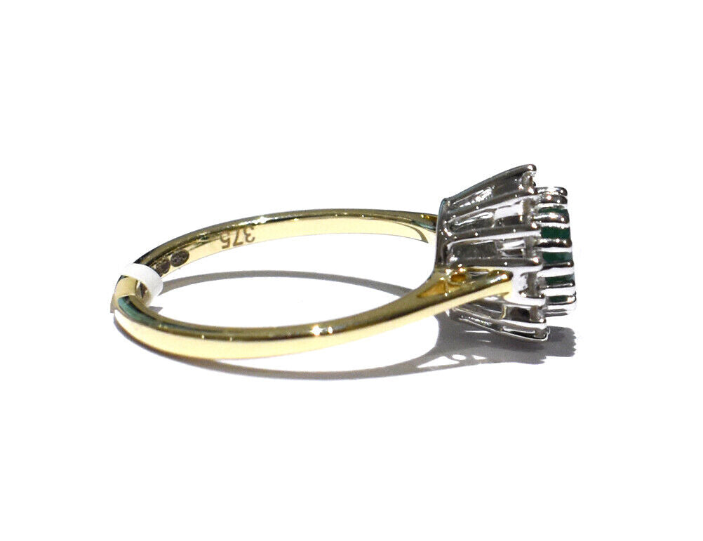 Real Emerald and Diamond Ring 9ct Yellow Gold Oval Cluster Engagement