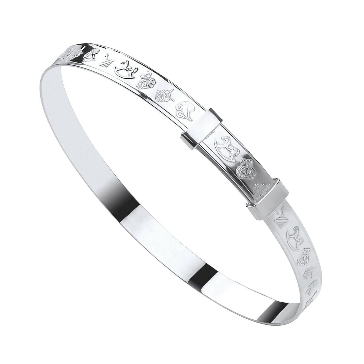 Silver Baby Bangle Embossed with Rocking horse, Baby Rattle, Teddy, Pram, Drums
