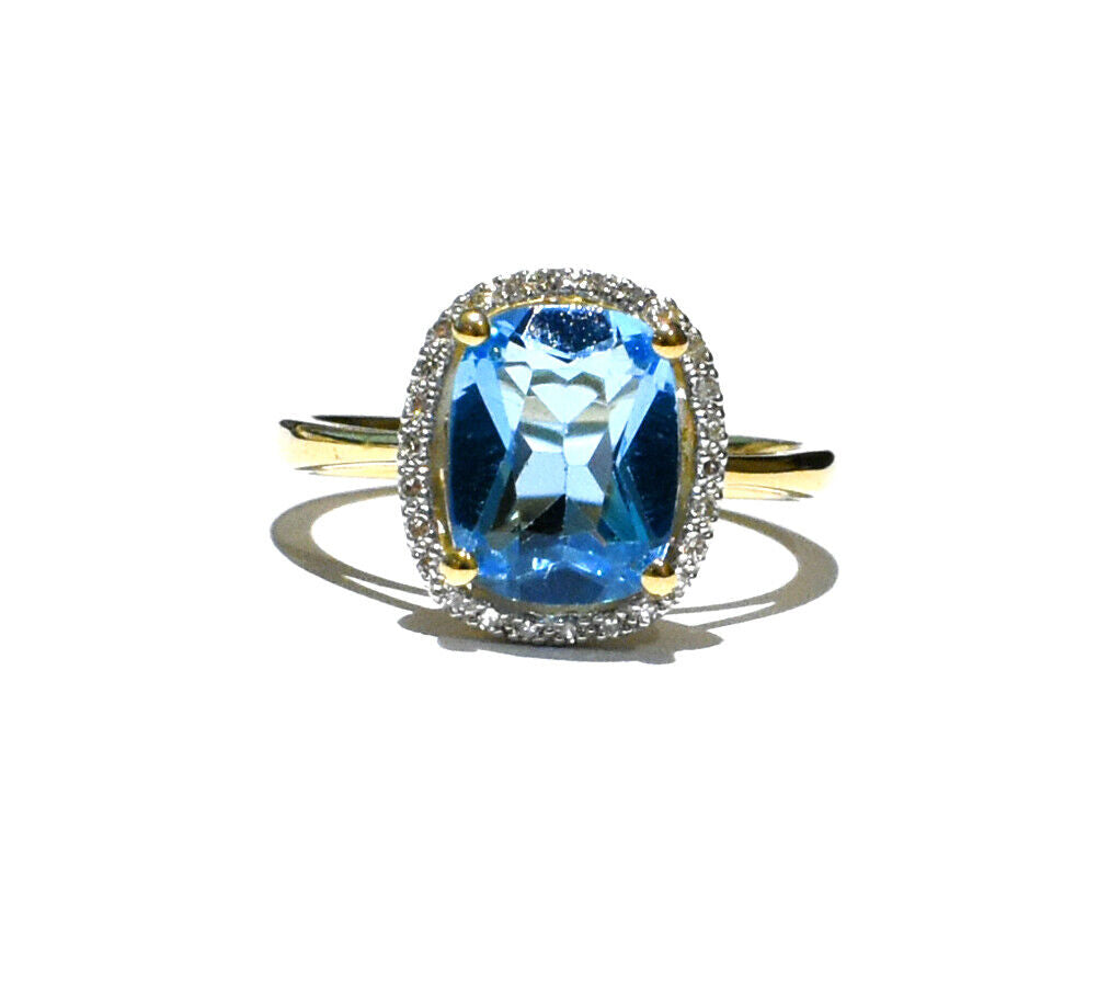 9ct Yellow Gold Blue Topaz and Diamond Ring Oblong Cushion Halo Size JKLMNOPQ