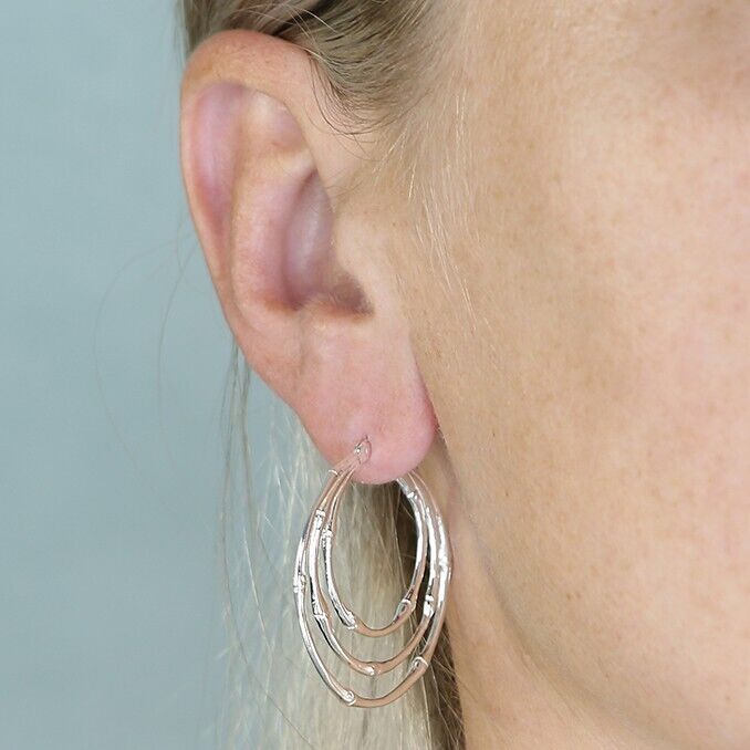 Hoop Earrings Triple Bamboo Style Creole Silver Hoops 30mm 925 Sterling Silver