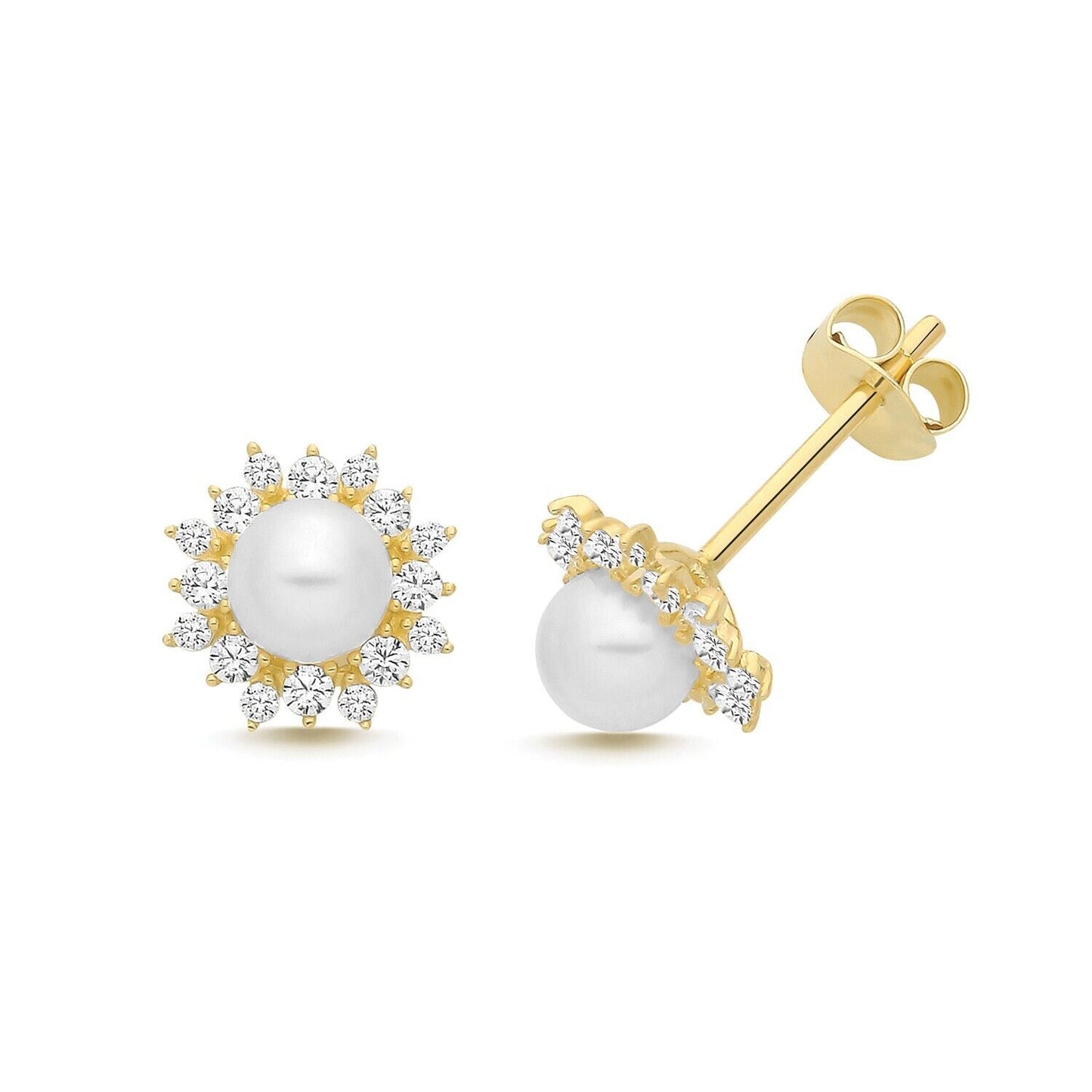 9ct Gold Freshwater Pearl & Moissanite Gemstone Stud Earrings Yellow Gold