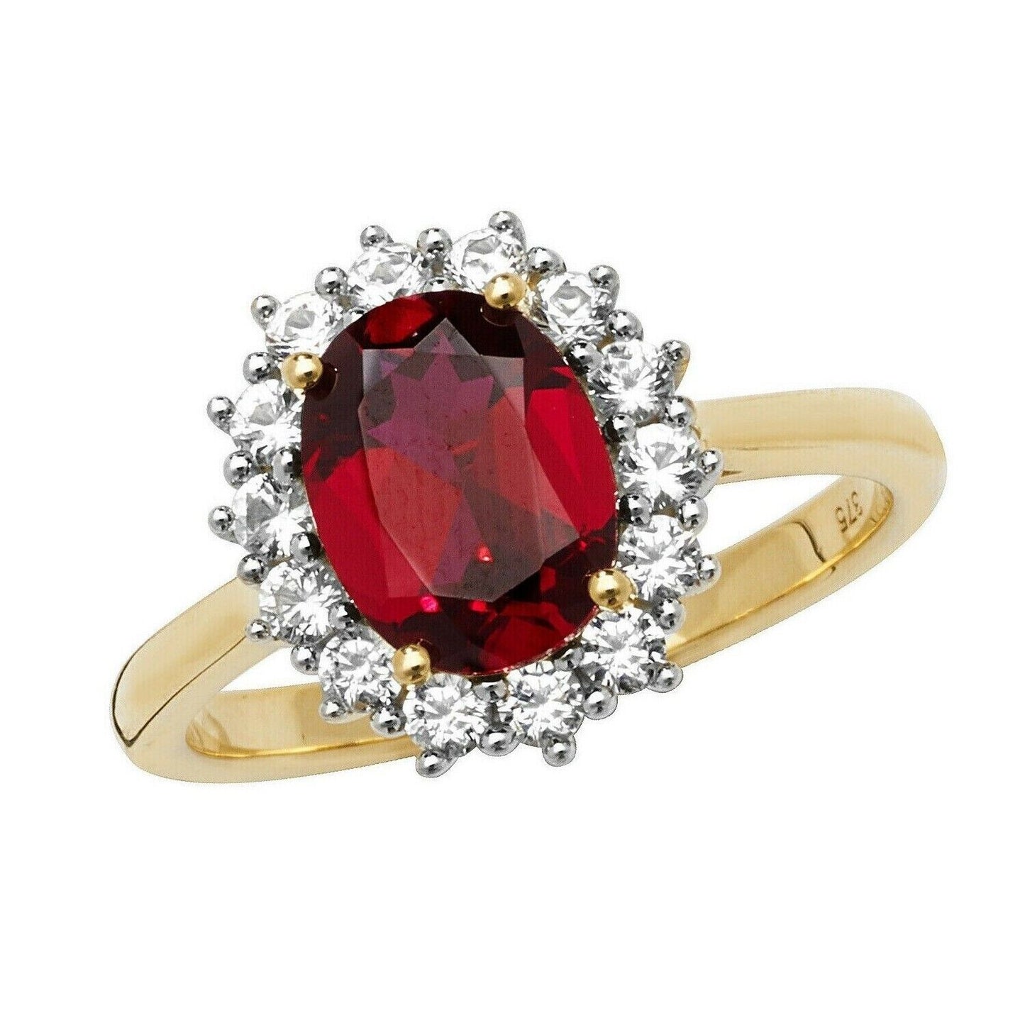 Yellow Gold Ruby Ring White Sapphire Engagement Cluster Dress Hallmarked