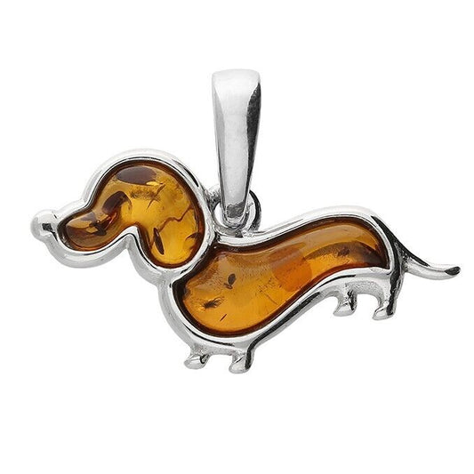 Cognac Amber Dachshund Dog Pendant and Chain Solid Sterling Silver 925
