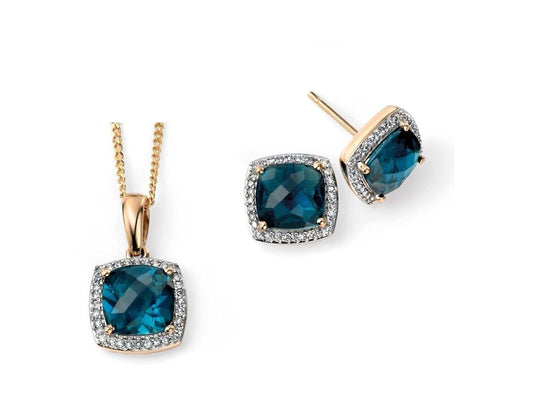 London Blue Topaz and Diamond Set Yellow Gold Pendant Earrings 16 18 20" Chain