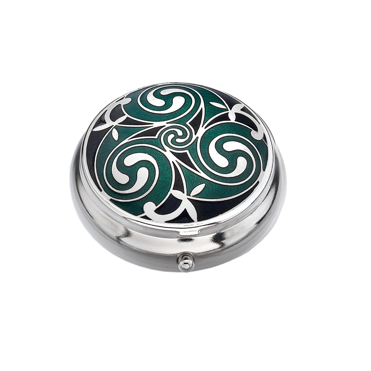 Pillbox Silver Plated Celtic Triskele Rounds Green and Black Brand New and Boxed