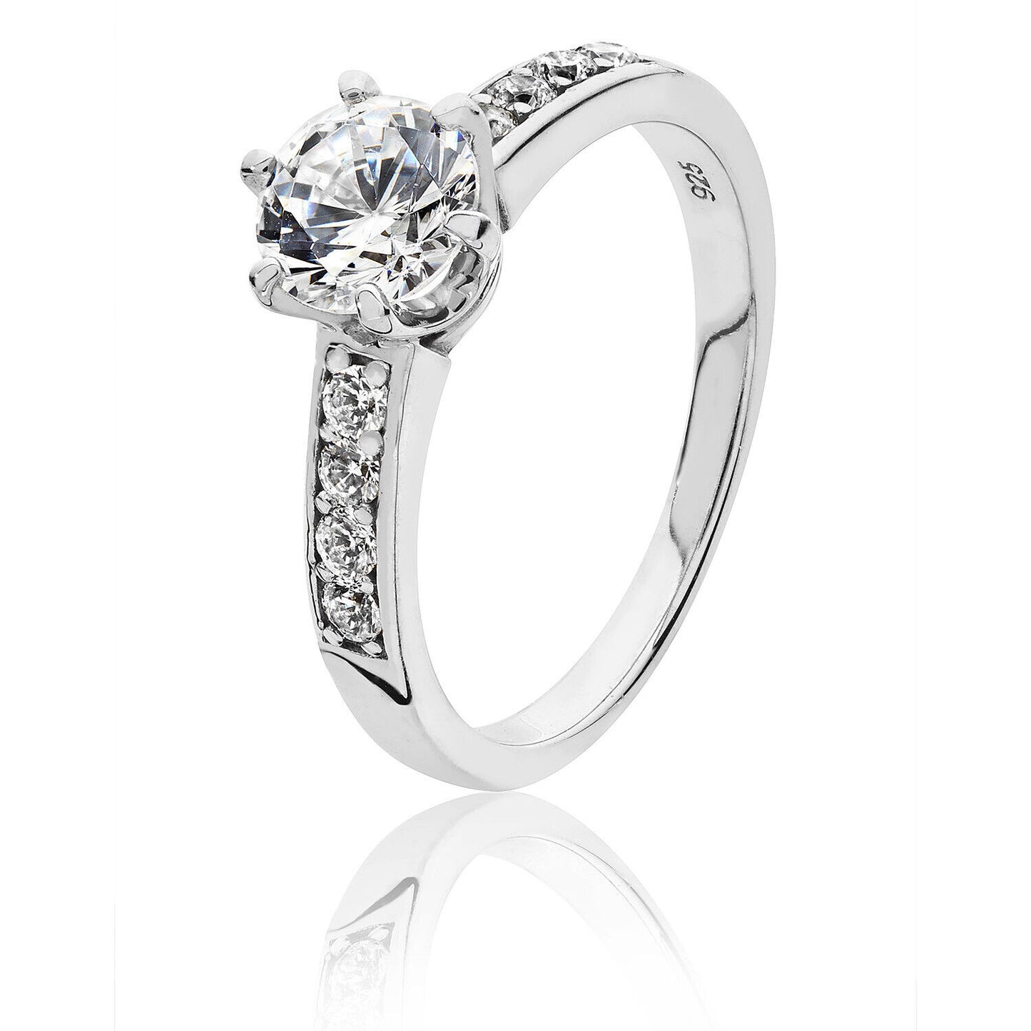 Sterling Silver 6.5mm Solitaire Ring With Shoulder Set Gems 925 Hallmark Rhodium