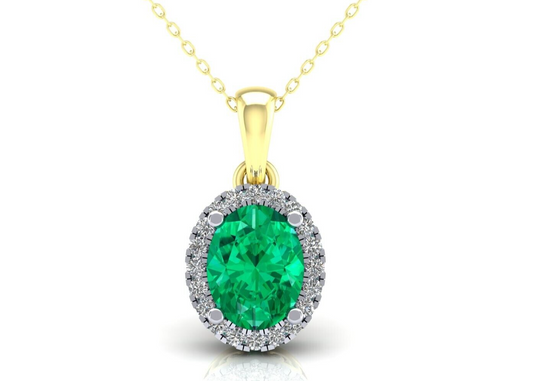 Emerald Oval Cluster Pendant Solid 9ct Yellow Gold 18" Chain Hallmarked