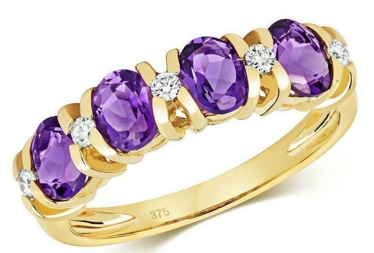 Real Amethyst and Diamond Eternity Ring Solid Yellow Gold Band Size J - Q