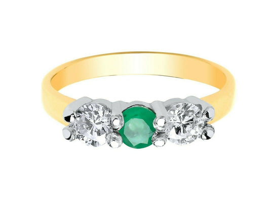 Real Emerald Trilogy Ring 9ct Yellow Gold Three Stone Fully Hallmarked