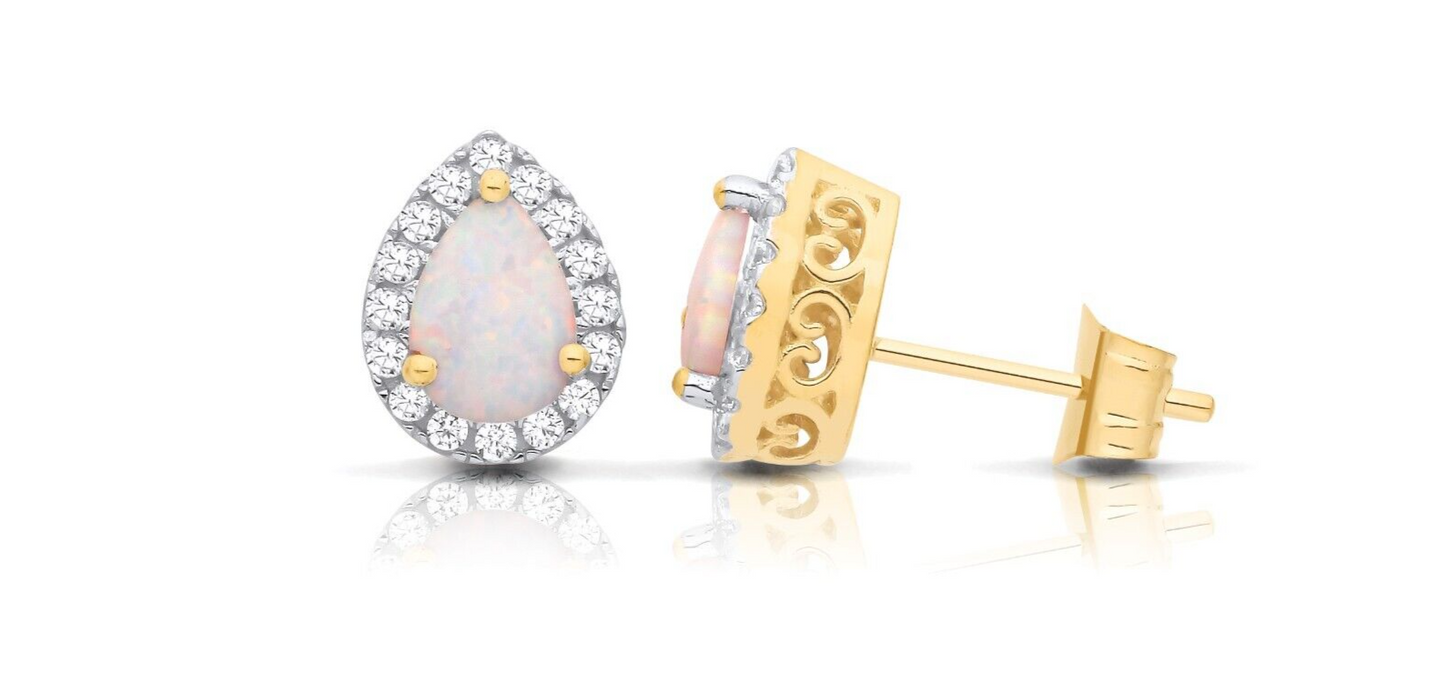 Opal Pear Cluster Stud Earrings Solid 9ct Yellow Gold Hallmarked
