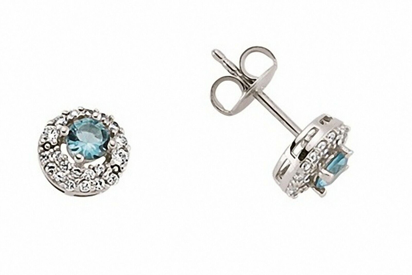 Blue Topaz Stud Earrings Solid Sterling Silver Rhodium Plate 925 Hallmark 7mm