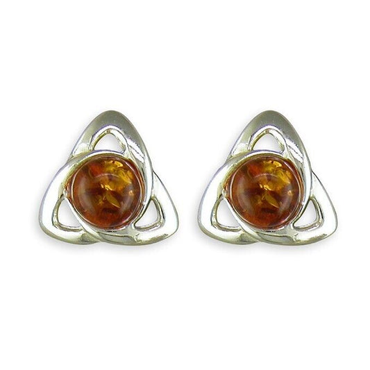 Cognac Amber Celtic Trefoil Knot Stud Earrings Solid Sterling Silver 925