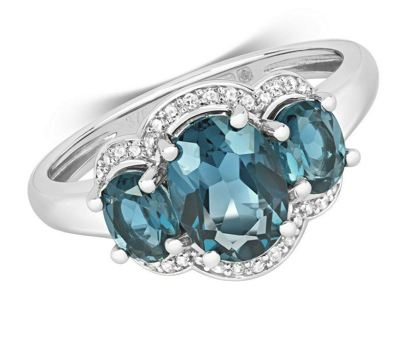 Real London Blue Topaz and Diamond Ring Solid White Gold Three Stone Size J - Q