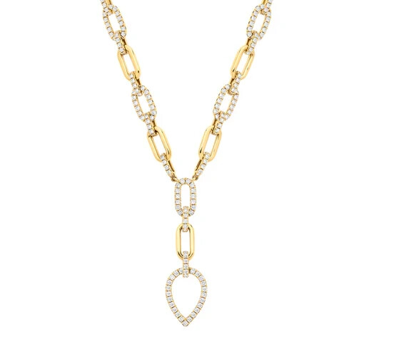 18ct Yellow Gold Pear Shaped Drop Necklace Diamond 1.30ctw Paper Chain