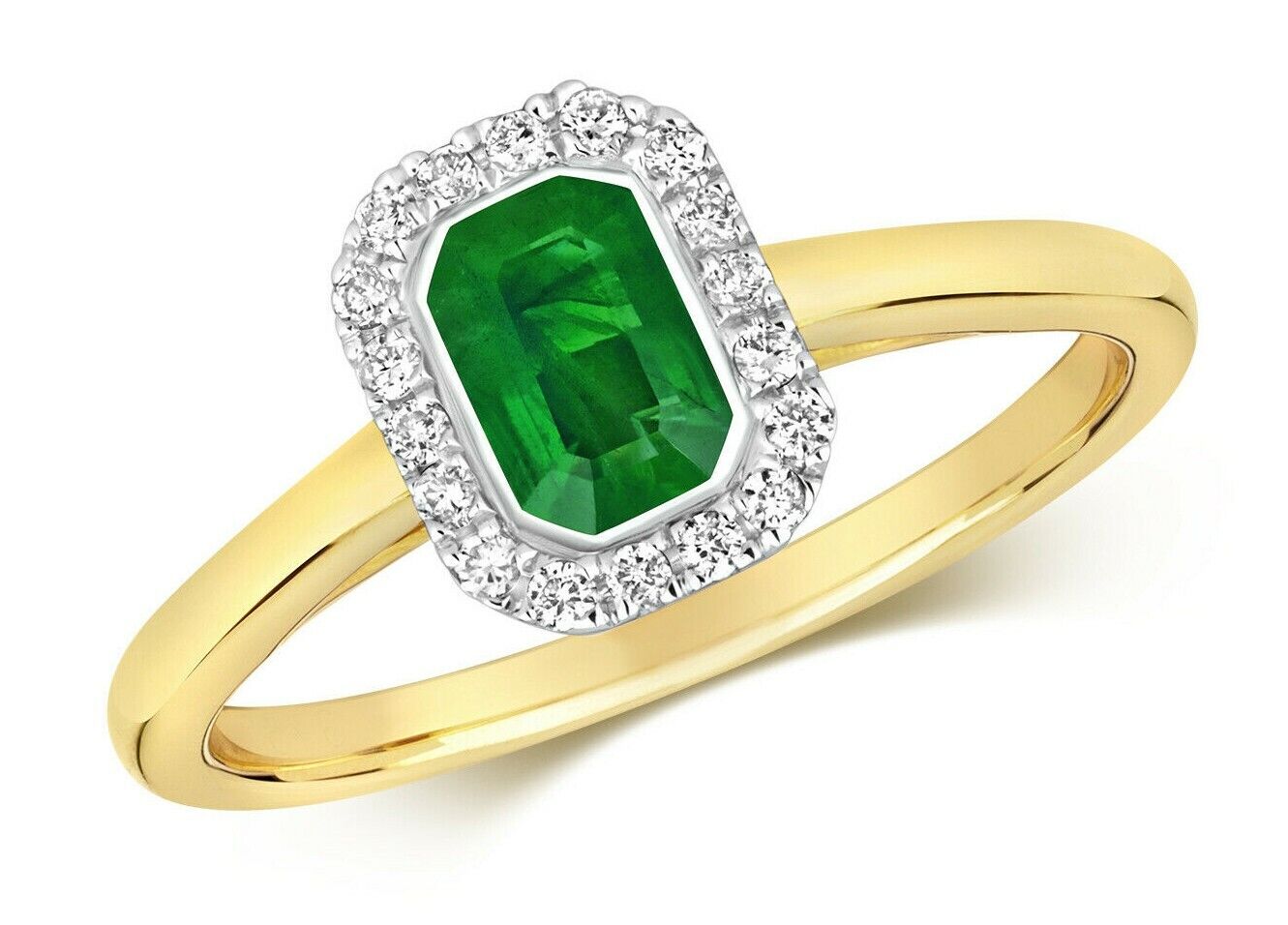 Real Emerald and Diamond Ring 9ct Yellow Gold Octagon Cluster Engagement