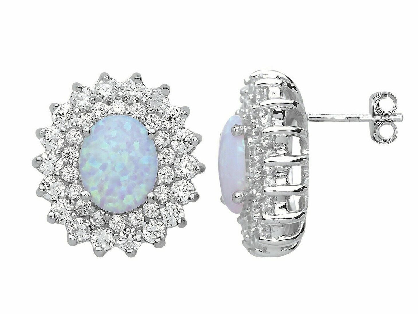 Huge Opal Stud Earrings Solid Sterling Silver Rhodium Plated 925 Hallmark