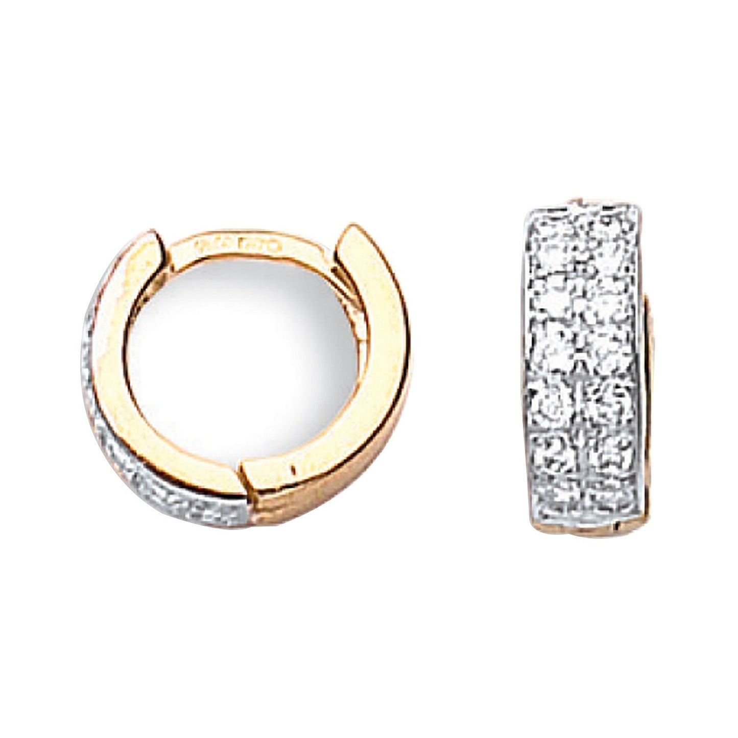 Yellow Gold Huggie Hoop Earrings Pave Set Zircon 12mm Hinged Hoops Hallmarked