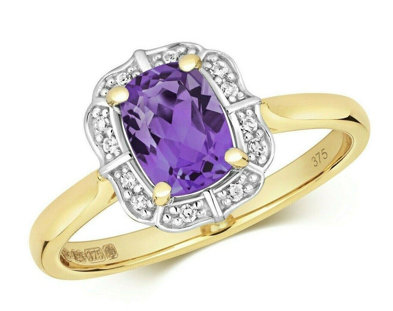 9ct Yellow Gold Amethyst and Diamond Ring Cushion Engagement Size JKLMNOPQ
