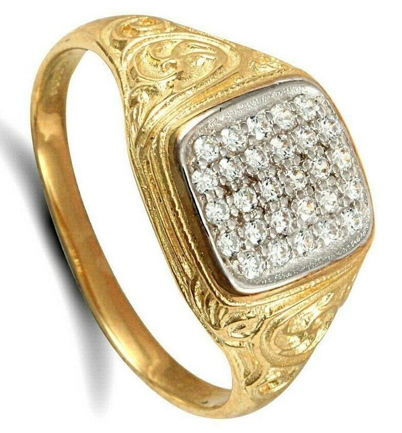 9ct Yellow Gold Gents Cubic Zirconia Ring Square Signet Hallmarked