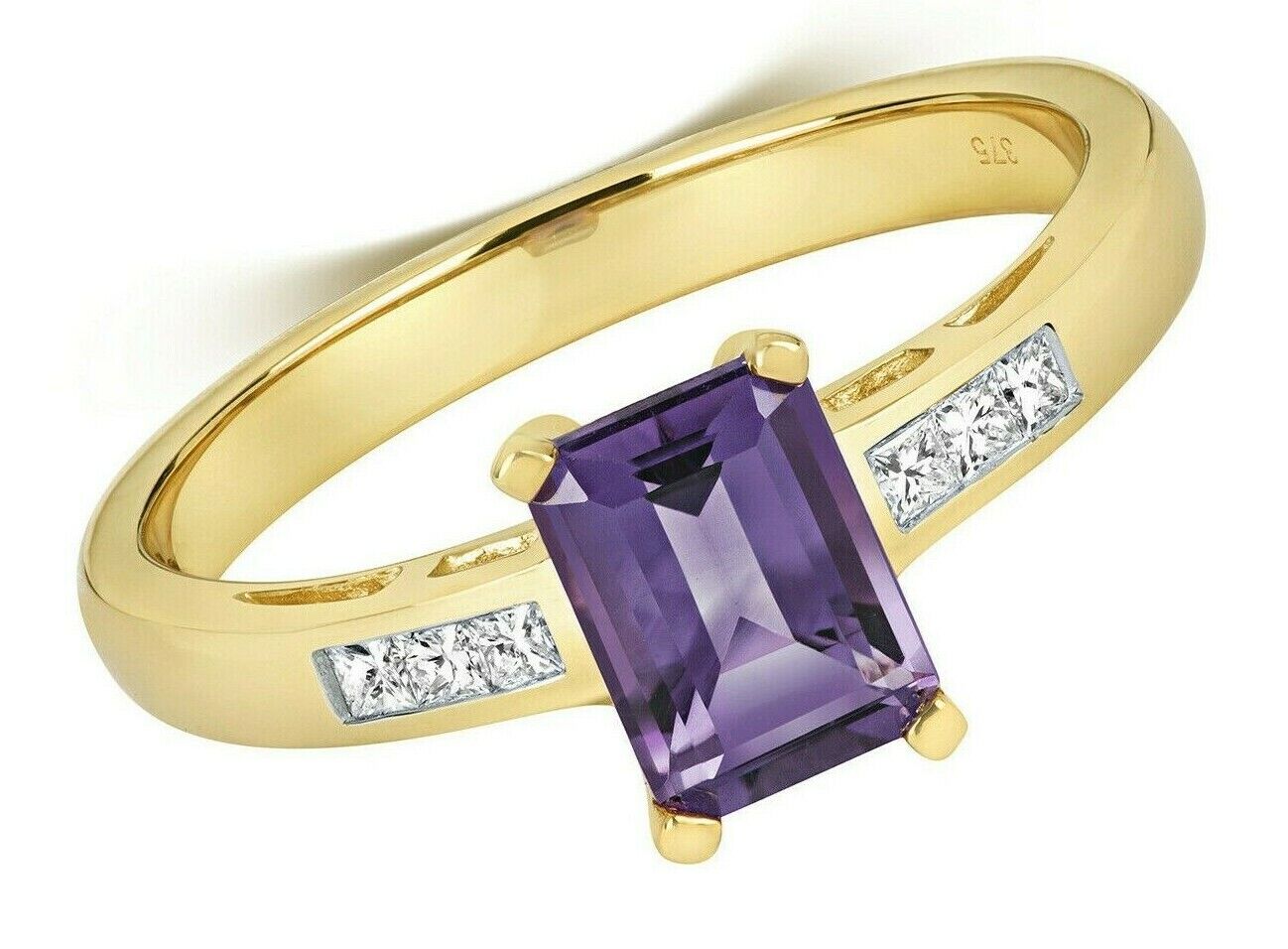 Real Amethyst and Diamond Ring 9ct Yellow Gold Solitaire Size JKLMNOPQ