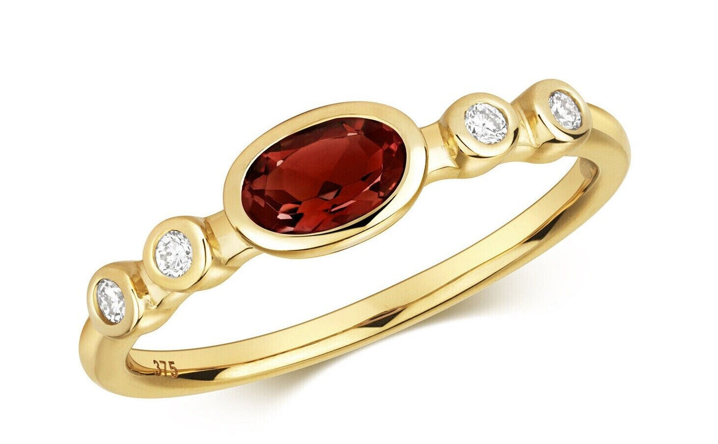 Real Garnet Oval Solitaire and Diamond Ring Solid Yellow Gold Size J - Q