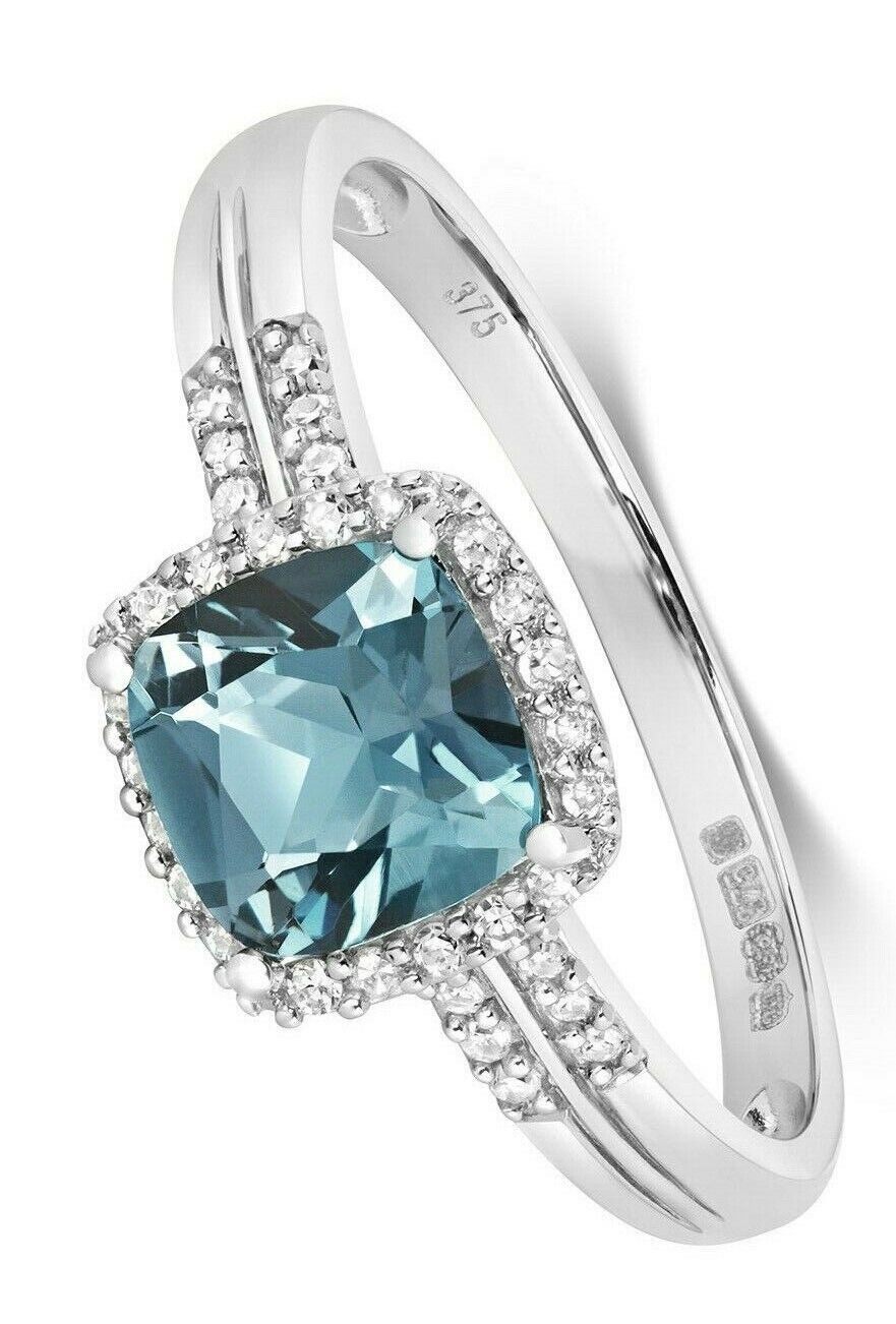 Real London Blue Topaz and Diamond Ring Solid White Gold Size J - Q