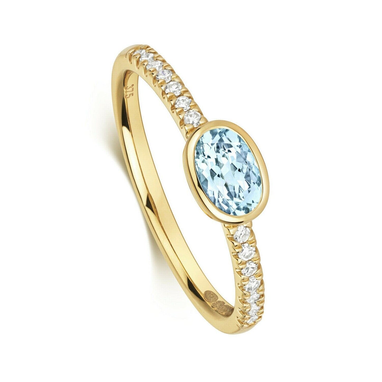 Real Aquamarine and Diamond Ring Solid Yellow Gold Oval Solitaire Size J - Q