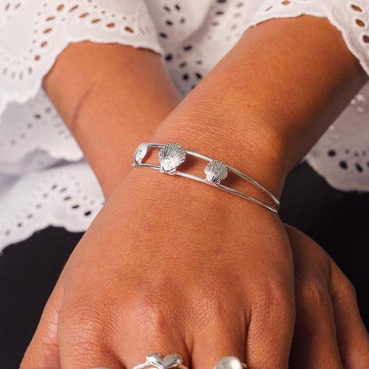 Scallop Shell Cuff Bangle Solid Sterling Silver Torque Bracelet Hallmarked