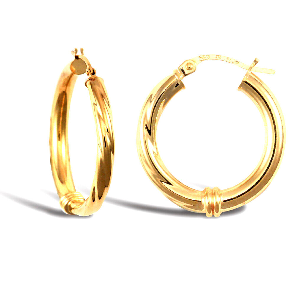 9ct Yellow Gold Half Twist Hoop Style Earrings British Made Hallmarked 21mm
