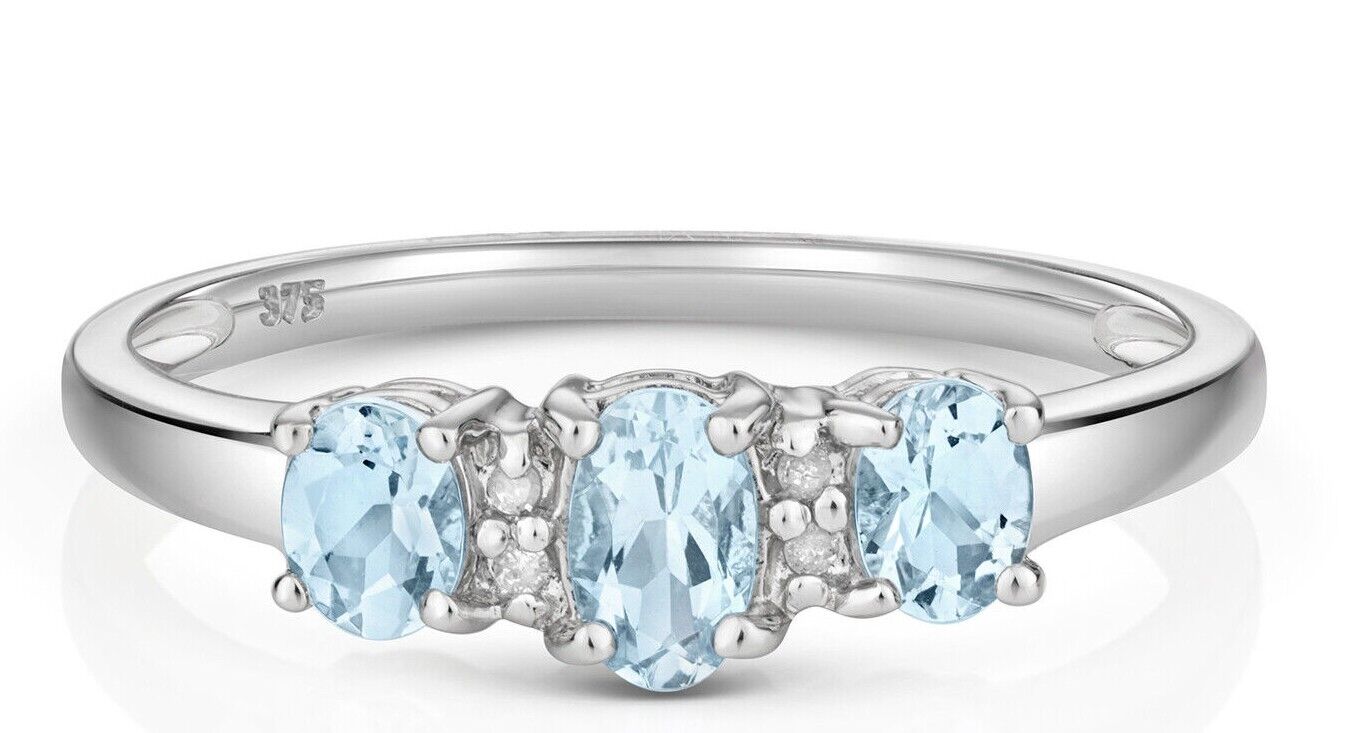 Real Aquamarine and Diamond Ring Solid 9ct White Gold Size J - Q