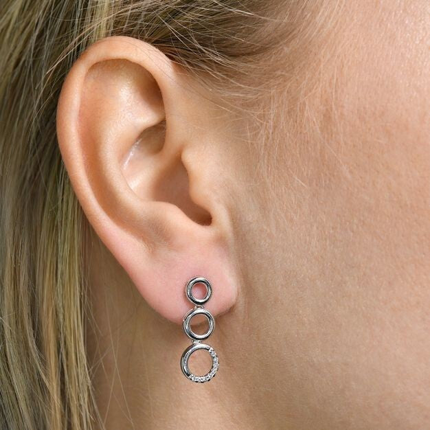 9ct White Gold Three Circle Diamond Drop Earrings 22mm Length Hallmarked