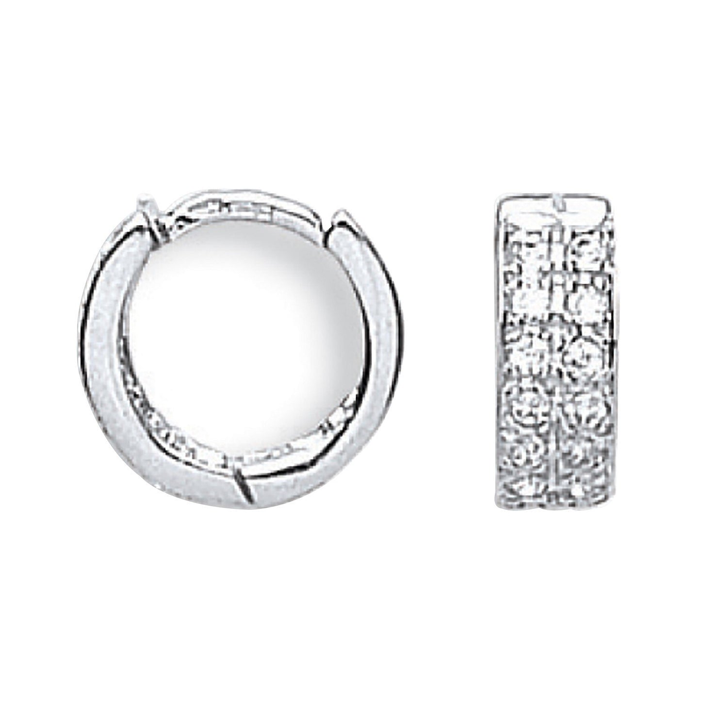 White Gold Huggie Hoop Earrings Pave Set Zircon 12mm Hinged Hoops Hallmarked