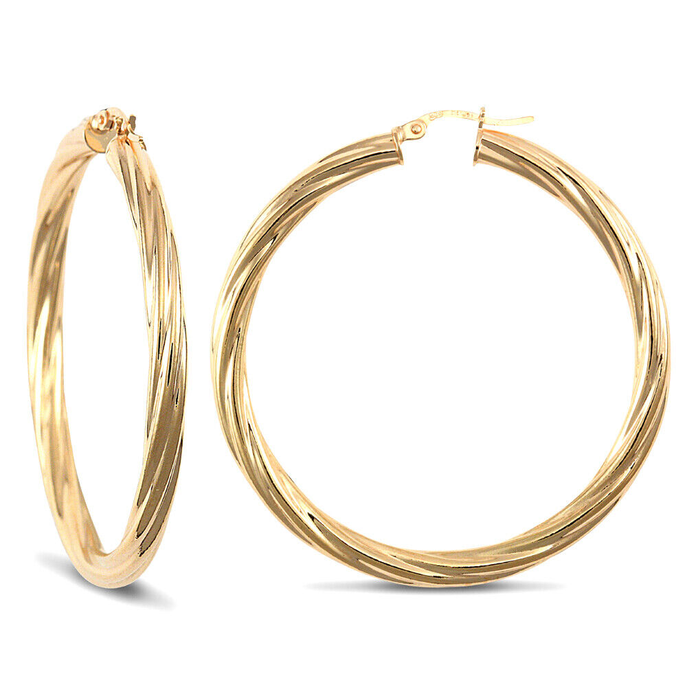 9ct Yellow Gold Hoop Twist Style Earrings British Made Hallmarked 47mm