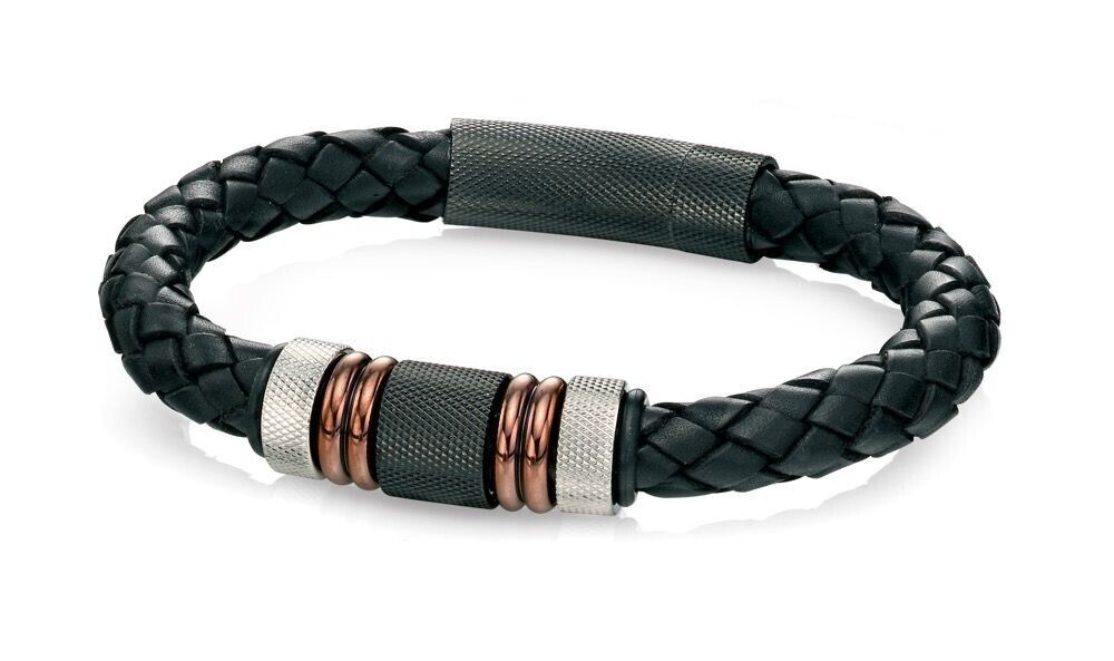 Fred Bennett Black Leather Woven Bracelet with IP Clasp 21.5cm B4377