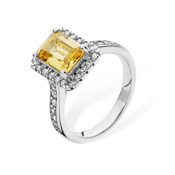 Citrine Halo Engagement Ring 925 Hallmark Rhodium Finish Size J - R British Made