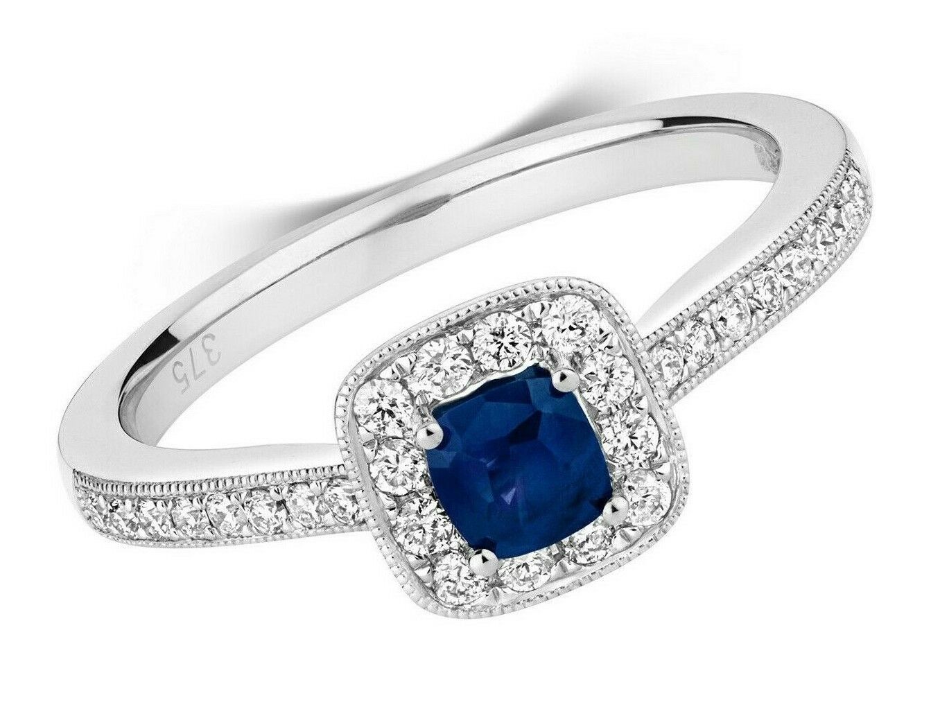 Real Sapphire and Diamond Ring 9ct White Gold Cushion Square Cluster Size J-Q