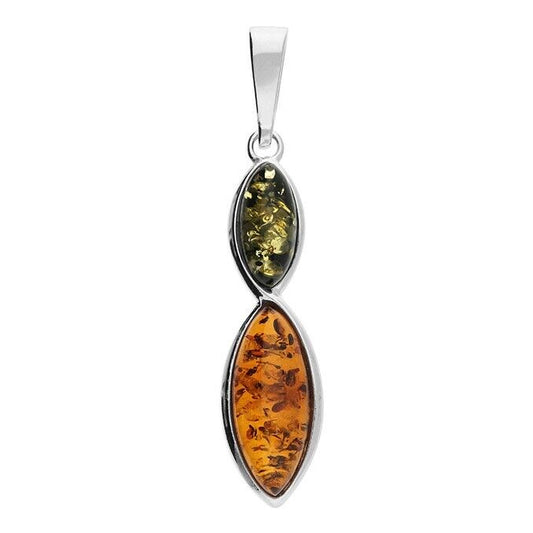 Mixed Amber Graduated Marquise Pendant and Chain Solid Sterling Silver 925