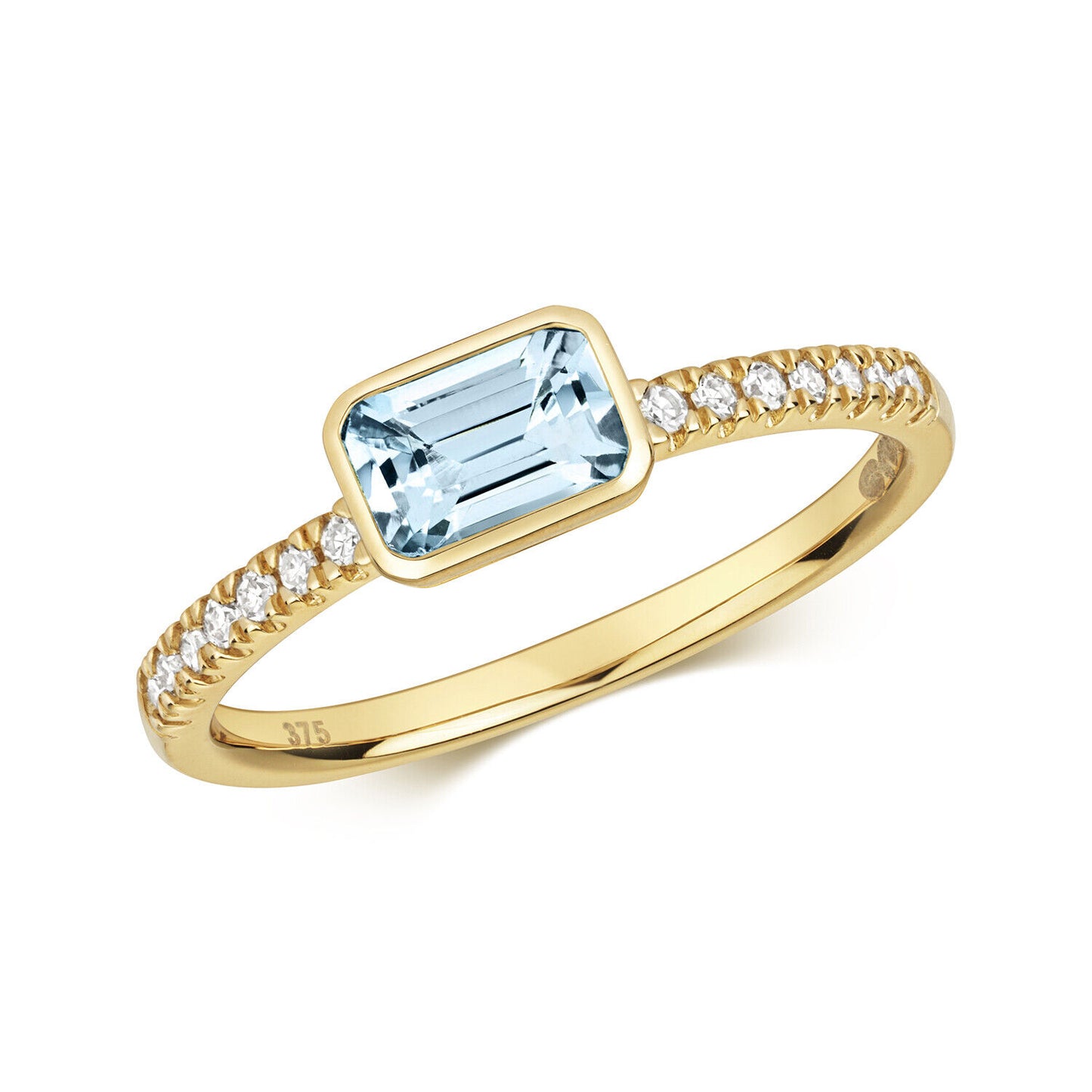 Real Aquamarine and Diamond Ring Solid Yellow Gold Emerald Cut Size J - Q