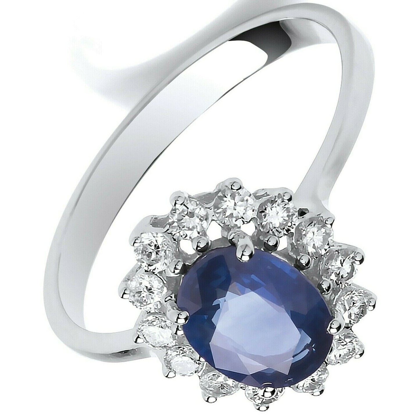 Real Sapphire and Diamond Ring 18ct White Gold Oval Cluster 1.75 Carat Weight