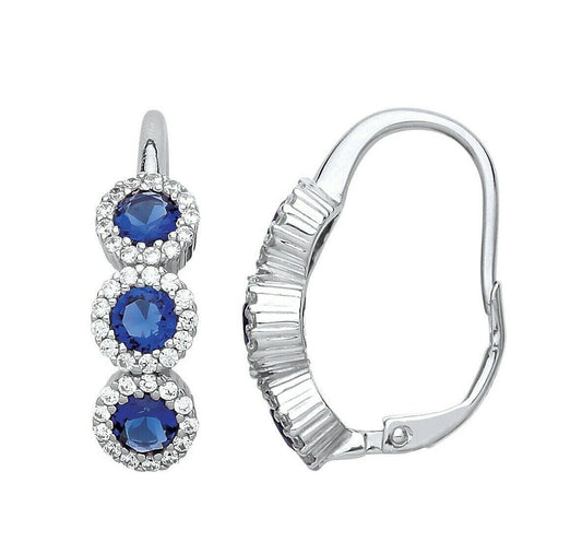 Sapphire Hoop Drop Earrings Solid Sterling Silver Rhodium Plated 925 Hallmark